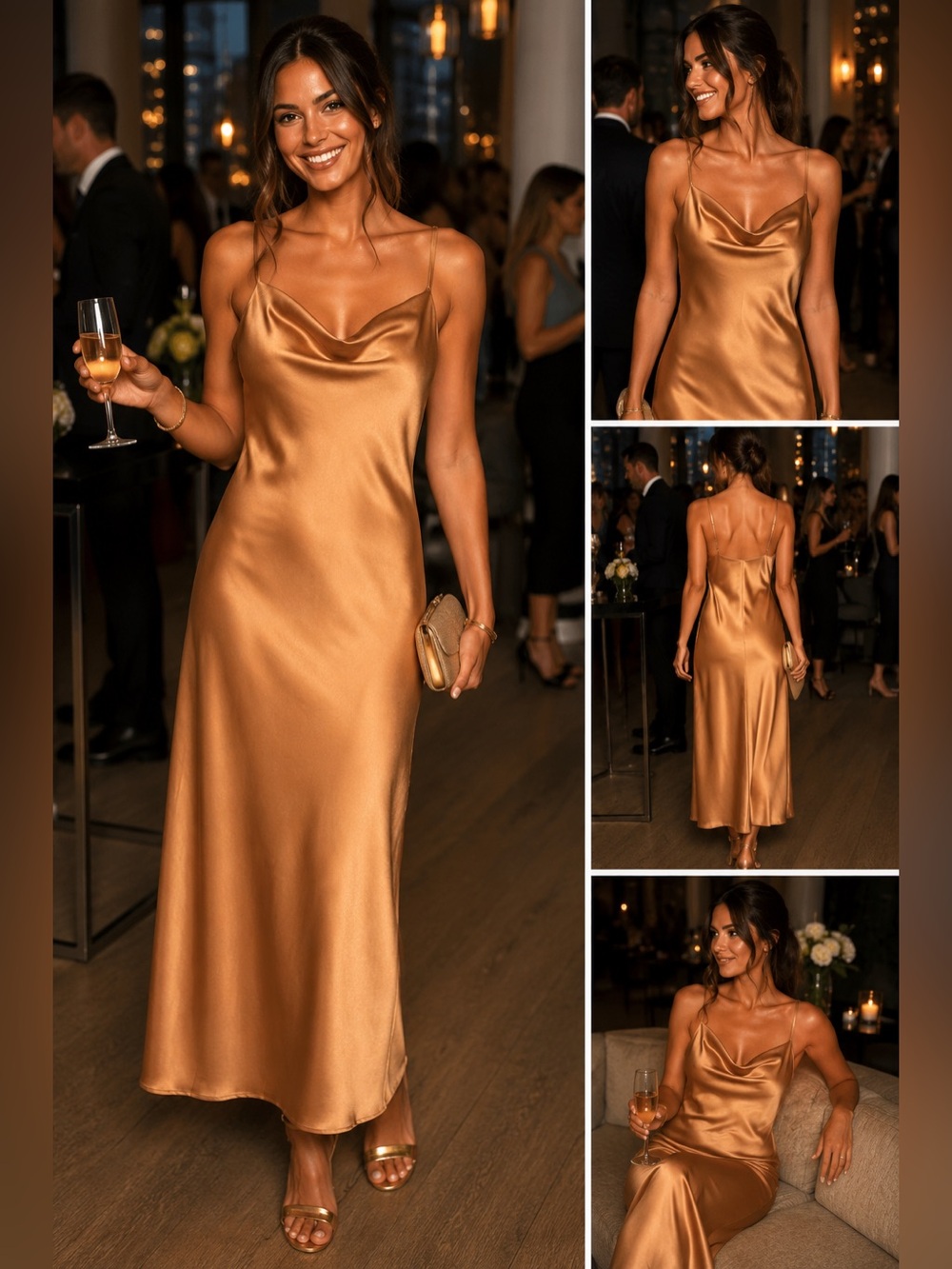 Princess Polly Gold Satin Cowl Neck Slip Midi Dress NWT XXS 0 Cocktail Wedding